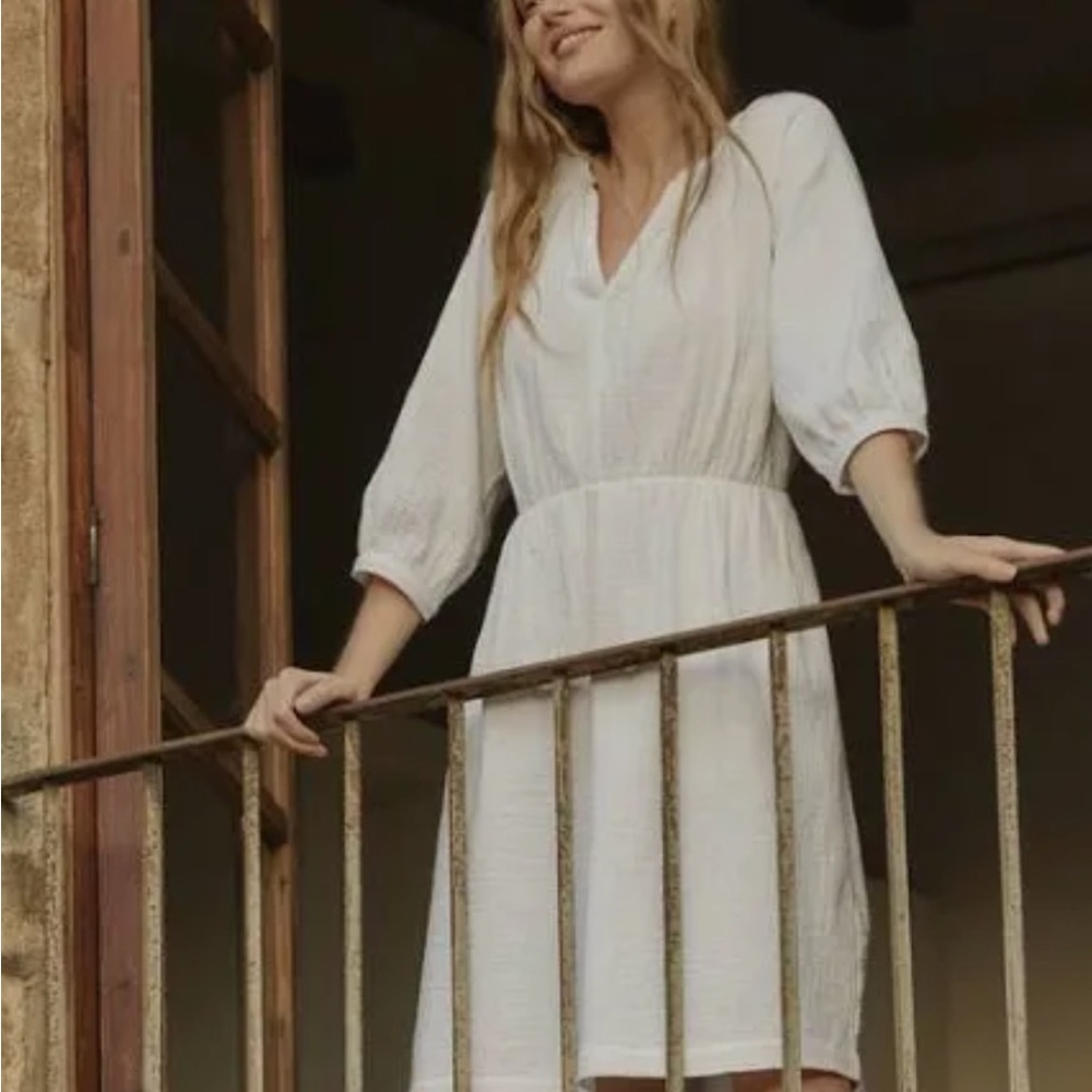 PACT Organic Cotton Coastal Double Gauze White Women's Peasant Dress XS